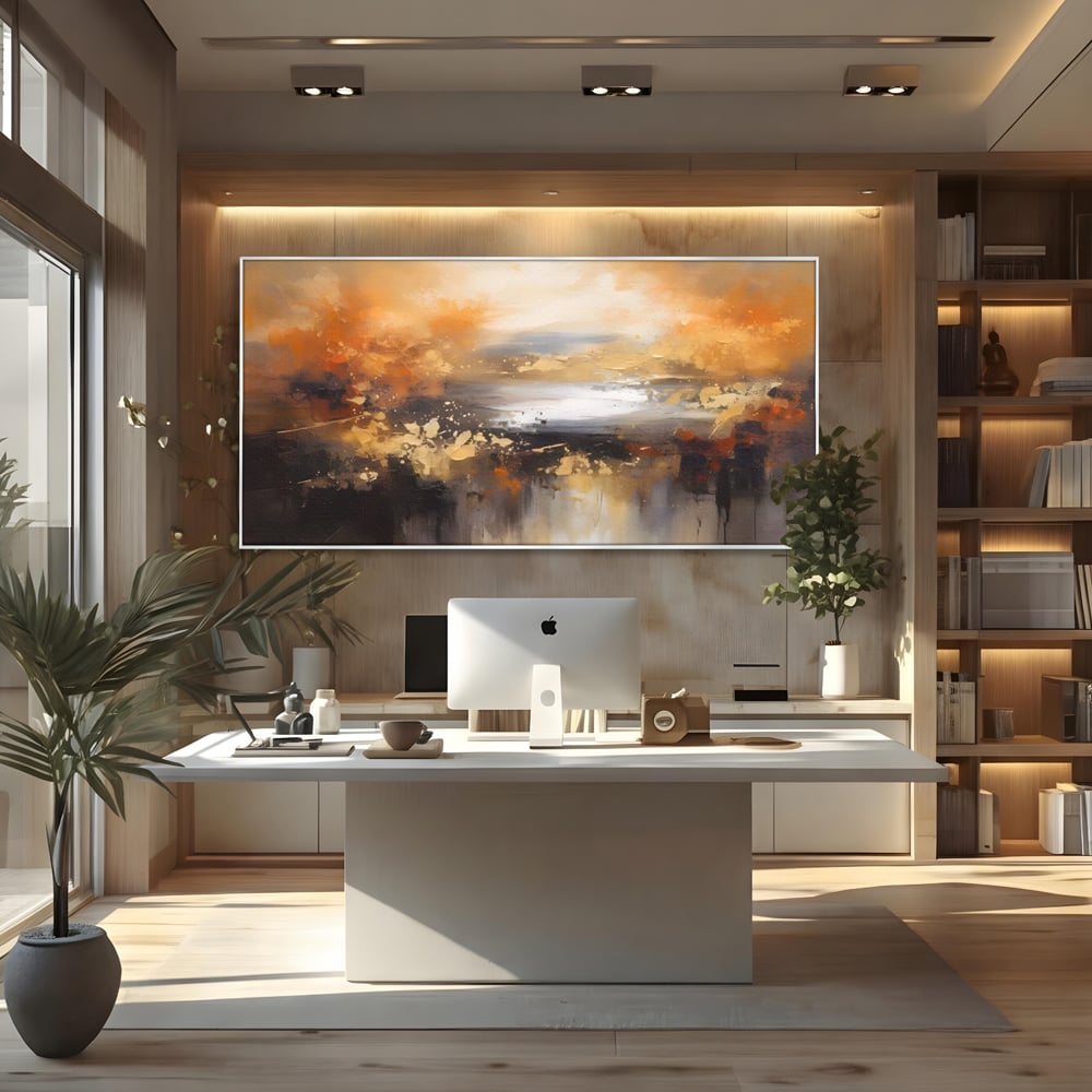 Tablou canvas cu tablou canvas peisaj abstract orizontal, in rama de aluminiu argintiu, pe perete intr-un birou